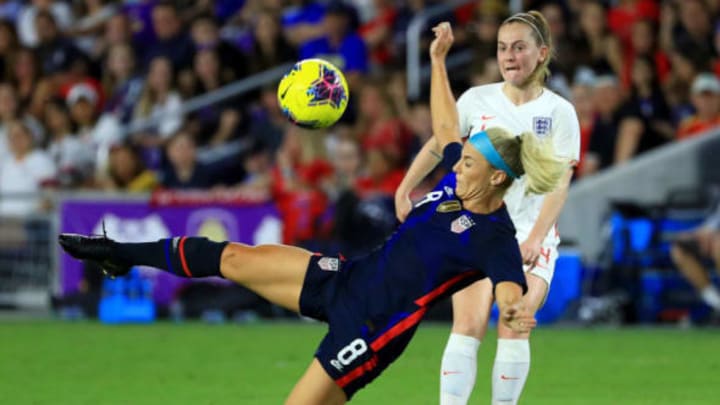 ORLANDO, FLORIDA – MARCH 05: Julie Ertz #8 of the United States blocks a pass during a match against England in the SheBelieves Cup at Exploria Stadium on March 05, 2020 in Orlando, Florida. (Photo by Mike Ehrmann/Getty Images)