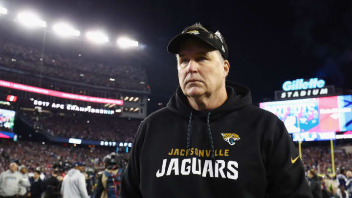 FOXBOROUGH, MA - JANUARY 21: Head coach Doug Marrone of the Jacksonville Jaguars walks offsides the field after the AFC Championship Game against the New England Patriots at Gillette Stadium on January 21, 2018 in Foxborough, Massachusetts. (Photo by Adam Glanzman/Getty Images)