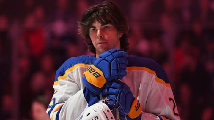 Nov 19, 2022; Toronto, Ontario, CAN; Buffalo Sabres defenseman Owen Power (25) stands on the ice during pre-game ceremonies before playing the Toronto Maple Leafs at Scotiabank Arena. Mandatory Credit: Dan Hamilton-USA TODAY Sports