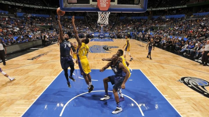 ORLANDO, FL - JANUARY 31: Shelvin Mack #7 of the Orlando Magic shoots the ball against the Los Angeles Lakers on January 31, 2018 at Amway Center in Orlando, Florida. NOTE TO USER: User expressly acknowledges and agrees that, by downloading and or using this photograph, User is consenting to the terms and conditions of the Getty Images License Agreement. Mandatory Copyright Notice: Copyright 2018 NBAE (Photo by Fernando Medina/NBAE via Getty Images)