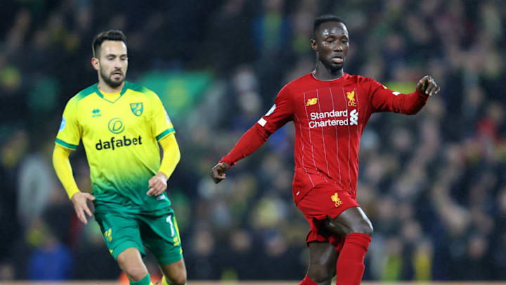 NORWICH, ENGLAND - FEBRUARY 15: Naby Keita of Liverpool moves away from Lukas Rupp of Norwich during the Premier League match between Norwich City and Liverpool FC at Carrow Road on February 15, 2020 in Norwich, United Kingdom. (Photo by Julian Finney/Getty Images)
