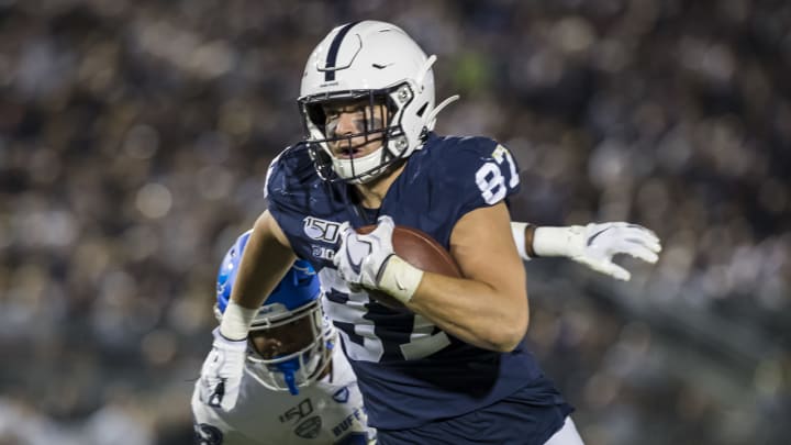 STATE COLLEGE, PA – SEPTEMBER 07: Pat Freiermuth #87 of the Penn State Nittany Lions catches a pass for a touchdown against the Buffalo Bulls during the second half at Beaver Stadium on September 07, 2019 in State College, Pennsylvania. (Photo by Scott Taetsch/Getty Images)