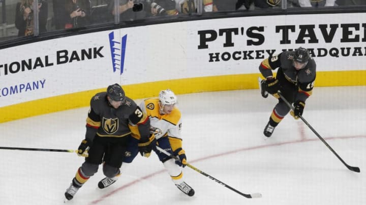 LAS VEGAS, NV - OCTOBER 15: Vegas Golden Knights defenseman Brayden McNabb (3) and Nashville Predators center Matt Duchene (95) in action during the second period of a regular season game between the Nashville Predators and the Vegas Golden Knights Tuesday, Oct. 15, 2019, at T-Mobile Arena in Las Vegas, Nevada. (Photo by: Marc Sanchez/Icon Sportswire via Getty Images)