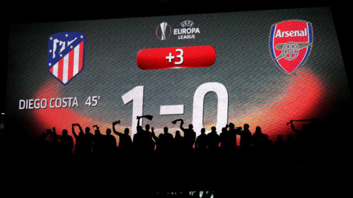 MADRID, SPAIN - MAY 03: Atletico Madrid fans celebrate after winning the UEFA Europa League Semi Final second leg match between Atletico Madrid and Arsenal FC at Estadio Wanda Metropolitano on May 3, 2018 in Madrid, Spain. (Photo by Catherine Ivill/Getty Images)