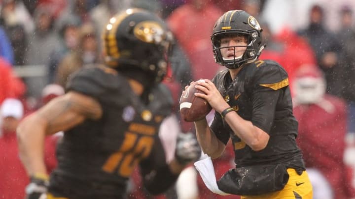 Nov 27, 2015; Fayetteville, AR, USA; Missouri Tigers quarterback Drew Lock (3) looks to pass during the second quarter against the Arkansas Razorbacks at Donald W. Reynolds Razorback Stadium. Mandatory Credit: Nelson Chenault-USA TODAY Sports