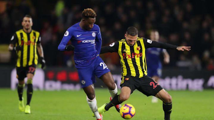 WATFORD, ENGLAND - DECEMBER 26: Callum Hudson-Odoi of Chelsea battles for possession with Jose Holebas of Watford during the Premier League match between Watford FC and Chelsea FC at Vicarage Road on December 26, 2018 in Watford, United Kingdom. (Photo by Richard Heathcote/Getty Images)