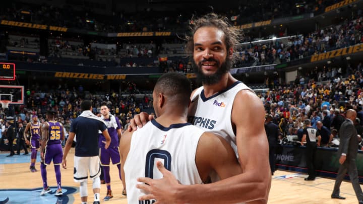 MEMPHIS, TN - FEBRUARY 25: Avery Bradley, and Joakim Noah #55 of the Memphis Grizzlies hug after the gameagainst the Los Angeles Lakers on February 25, 2019 at FedExForum in Memphis, Tennessee. NOTE TO USER: User expressly acknowledges and agrees that, by downloading and or using this photograph, User is consenting to the terms and conditions of the Getty Images License Agreement. Mandatory Copyright Notice: Copyright 2019 NBAE (Photo by Joe Murphy/NBAE via Getty Images)