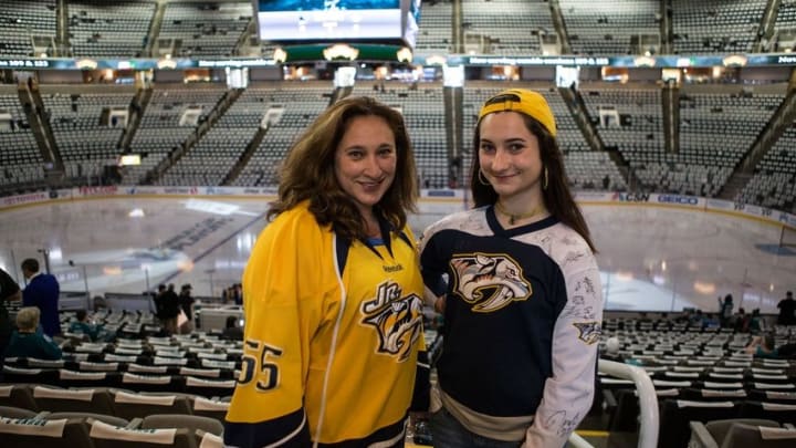 May 12, 2016; Nashville Predators fans Maria (left) and Alyssa D. (right) from Nashville, TN drove 3 days to come watch their team play in game seven of the second round of the 2016 Stanley Cup Playoffs against the San Jose Sharks at SAP Center at San Jose. Mandatory Credit: Neville E. Guard-USA TODAY Sports