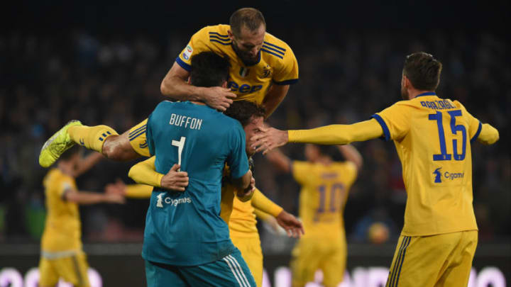 Juventus Players Celebrate at the end of the match during the Serie A TIM match between SSC Napoli and Juventus FC at Stadio San Paolo Naples Italy on 1 December 2017. (Photo Franco Romano/Nurphoto)