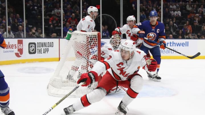 UNIONDALE, NEW YORK - MARCH 07: Brady Skjei #76 of the Carolina Hurricanes skates against the New York Islanders during the second period at NYCB Live's Nassau Coliseum on March 07, 2020 in Uniondale, New York. (Photo by Bruce Bennett/Getty Images)