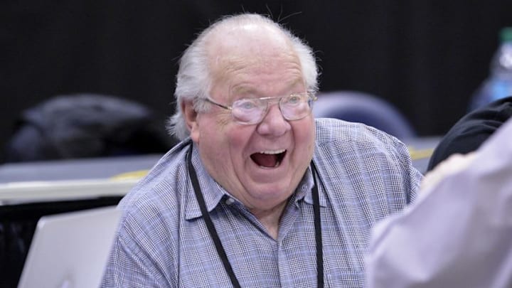 Mar 26, 2015; Syracuse, NY, USA; CBS announcer Verne Lundquist during practice for the semifinals of the midwest regional of the 2015 NCAA Tournament at Carrier Dome. Mandatory Credit: Mark Konezny-USA TODAY Sports