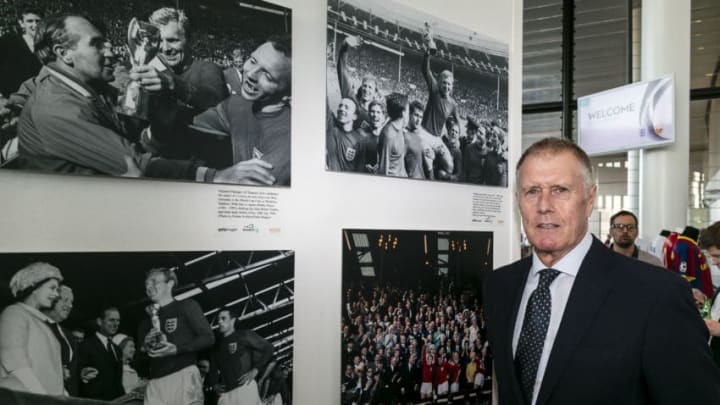 LONDON, ENGLAND - SEPTEMBER 03: World Cup legend Sir Geoff Hurst opens the new Getty Images exhibition at Wembley Stadium on September 3, 2014 in London, England. The new Getty Images exhibition at Wembley Stadium connected by EE showcases over a century of historic events and memories at the national stadium. The exhibition - which features over 100 images from the venues unparalleled history - is free as part of the Wembley Tour and to Club Wembley members on event days, with members of the public able to visit from tomorrow (4 September) (Photo by Miles Willis - The FA/The FA via Getty Images)
