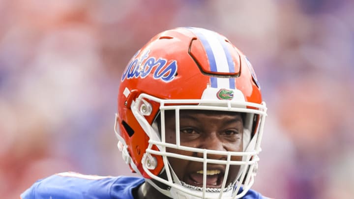 GAINESVILLE, FLORIDA - SEPTEMBER 18: Gervon Dexter #9 of the Florida Gators looks on during the second half of a game against the Alabama Crimson Tide at Ben Hill Griffin Stadium on September 18, 2021 in Gainesville, Florida. (Photo by James Gilbert/Getty Images)