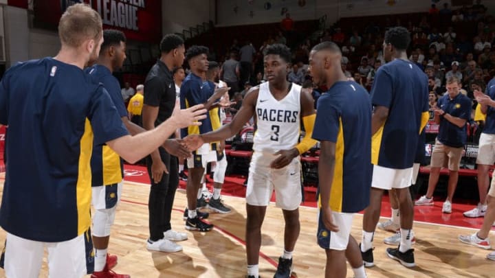 LAS VEGAS, NV - JULY 6: Aaron Holiday #3 of the Indiana Pacers is introduced before the game against the Houston Rockets during the 2018 Las Vegas Summer League on July 6, 2018 at the Cox Pavilion in Las Vegas, Nevada. NOTE TO USER: User expressly acknowledges and agrees that, by downloading and/or using this photograph, user is consenting to the terms and conditions of the Getty Images License Agreement. Mandatory Copyright Notice: Copyright 2018 NBAE (Photo by David Dow/NBAE via Getty Images)