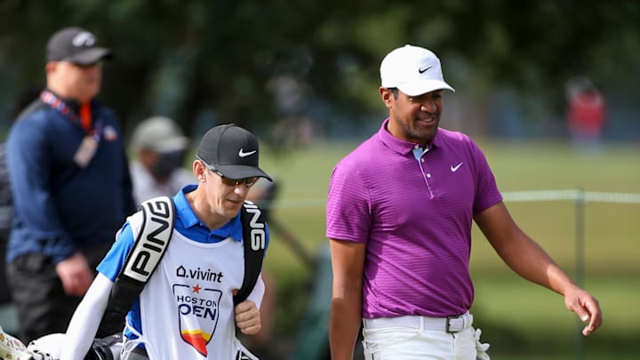 Nov 5, 2020; Houston, Texas, USA; Tony Finau walks with his caddie on the eighth fairway during the first round of the Houston Open golf tournament at Memorial Park Golf Course. Mandatory Credit: Thomas Shea-USA TODAY Sports