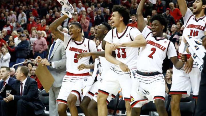 LOUISVILLE, KY - DECEMBER 09: The Louisville Cardinals bench celebrates during the game against the Indiana Hoosiers at KFC YUM! Center on December 9, 2017 in Louisville, Kentucky. (Photo by Andy Lyons/Getty Images)
