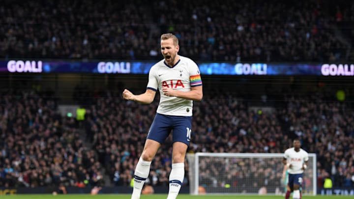 LONDON, ENGLAND - DECEMBER 07: Harry Kane of Tottenham Hotspur celebrates after scoring his team's first goal during the Premier League match between Tottenham Hotspur and Burnley FC at Tottenham Hotspur Stadium on December 07, 2019 in London, United Kingdom. (Photo by Shaun Botterill/Getty Images)