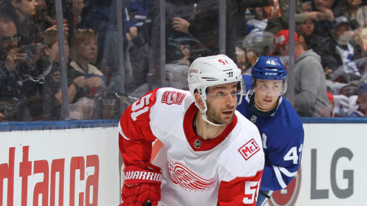 TORONTO, ON - MARCH 24: Frans Nielsen #51 of the Detroit Red Wings skates with the puck against the Toronto Maple Leafs during an NHL game at the Air Canada Centre on March 24, 2018 in Toronto, Ontario, Canada. The Maple Leafs defeated the Red Wings 4-3. (Photo by Claus Andersen/Getty Images) *** Local Caption *** Frans Nielsen