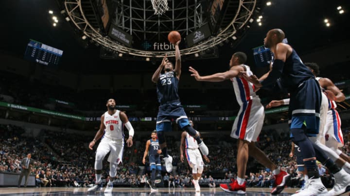 MINNEAPOLIS, MN - NOVEMBER 19: Jimmy Butler #23 of the Minnesota Timberwolves shoots the ball against the Detroit Pistons on November 19, 2017 at Target Center in Minneapolis, Minnesota. NOTE TO USER: User expressly acknowledges and agrees that, by downloading and or using this Photograph, user is consenting to the terms and conditions of the Getty Images License Agreement. Mandatory Copyright Notice: Copyright 2017 NBAE (Photo by David Sherman/NBAE via Getty Images)