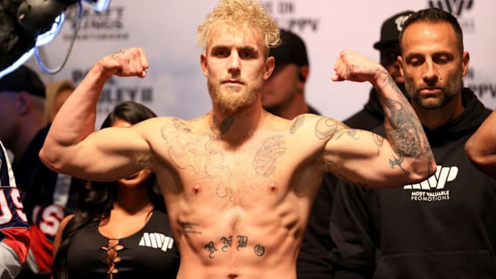 TAMPA, FLORIDA - DECEMBER 17: Jake Paul poses during a weigh in at the Hard Rock Hotel and Casino ahead of this weekends fight on December 17, 2021 in Tampa, Florida. (Photo by Mike Ehrmann/Getty Images)