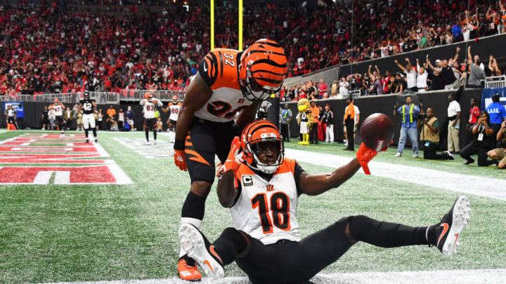 A.J. Green #18 of the Cincinnati Bengals celebrates the game-winning touchdown during the fourth quarter against the Atlanta Falcons at Mercedes-Benz Stadium on September 30, 2018. (Photo by Scott Cunningham/Getty Images)