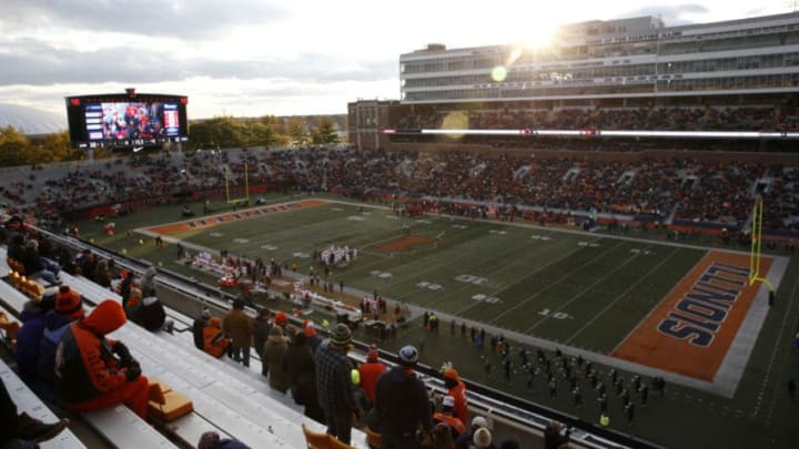 CHAMPAIGN, ILLINOIS - NOVEMBER 02: The Illinois Fighting Illini and Rutgers Scarlet Knights on the field at Memorial Stadium on November 02, 2019 in Champaign, Illinois. (Photo by Justin Casterline/Getty Images)