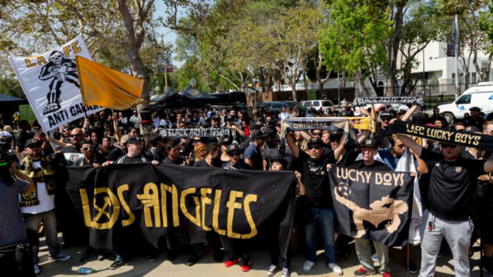 LOS ANGELES, CA - AUGUST 23: General Atmosphere shot of LAFC fans at the Los Angeles Football Club Stadium Groundbreaking Ceremony on August 23, 2016 in Los Angeles, California. (Photo by Greg Doherty/WireImage)