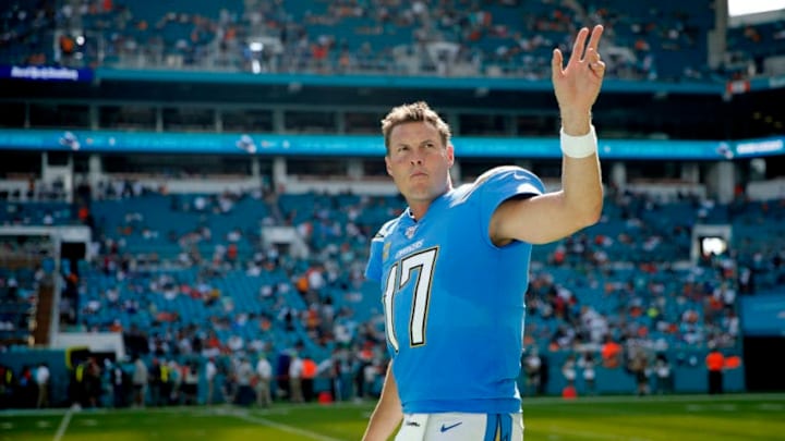 MIAMI, FLORIDA - SEPTEMBER 29: Philip Rivers #17 of the Los Angeles Chargers waves to the crowd against the Miami Dolphins during the fourth quarter at Hard Rock Stadium on September 29, 2019 in Miami, Florida. (Photo by Michael Reaves/Getty Images)