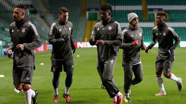 GLASGOW, SCOTLAND - OCTOBER 30: The Bayern Muenchen team train during the Bayern Muenchen Training Session prior to the Group B UEFA Champions League match between Celtic and Bayern Muenchen at Celtic Park on October 30, 2017 in Glasgow, Scotland. (Photo by Ian MacNicol/Getty Images)