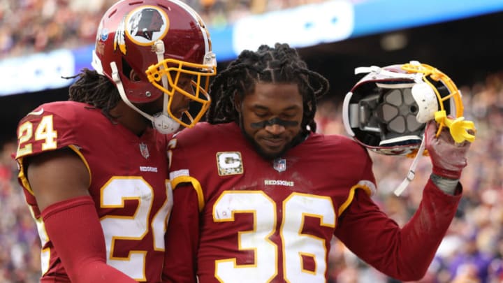 LANDOVER, MD - NOVEMBER 12: Free safety D.J. Swearinger #36 of the Washington Redskins celebrates with cornerback Josh Norman #24 of the Washington Redskins after an interception during the fourth quarter against the Minnesota Vikings at FedExField on November 12, 2017 in Landover, Maryland. (Photo by Patrick Smith/Getty I