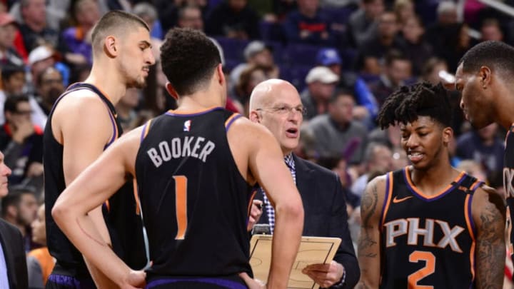 PHOENIX, AZ - FEBRUARY 24: Head Coach Jay Triano of the Phoenix Suns speaks to the team during the game against the Portland Trail Blazers on February 24, 2018 at Talking Stick Resort Arena in Phoenix, Arizona. NOTE TO USER: User expressly acknowledges and agrees that, by downloading and/or using this photograph, user is consenting to the terms and conditions of the Getty Images License Agreement. Mandatory Copyright Notice: Copyright 2018 NBAE (Photo by Barry Gossage/NBAE via Getty Images)
