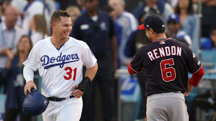 LOS ANGELES, CA - OCTOBER 09: Los Angeles Dodgers Joc Pederson (31) laughs with Washington Nationals Anthony Rendon (6) as he heads to second base for a ground rule double in the first inning in game 5 of the NLDS in Los Angeles on Wednesday, Oct. 9, 2019. (Photo by Scott Varley/MediaNews Group/Torrance Daily Breeze via Getty Images)