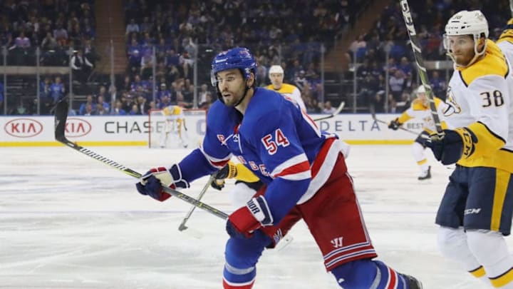 NEW YORK, NEW YORK - OCTOBER 04: Adam McQuaid #54 of the New York Rangers skates against the Nashville Predators at Madison Square Garden on October 04, 2018 in New York City. The Predators defeated the Rangers 3-2. (Photo by Bruce Bennett/Getty Images)