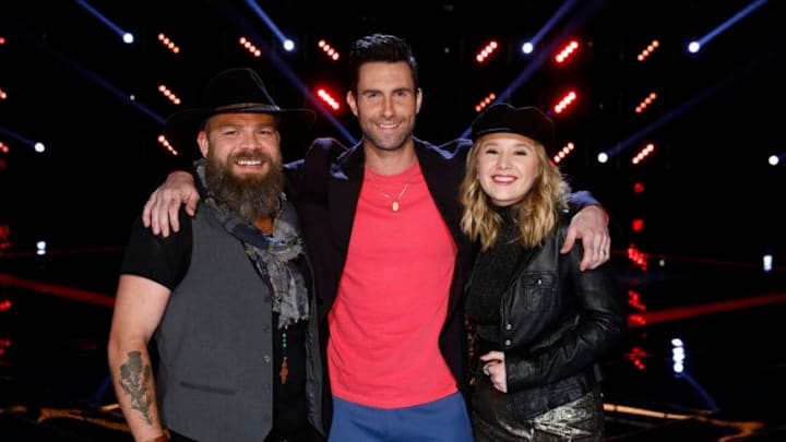 THE VOICE -- "Live Top 11" Episode 1318B -- Pictured: (l-r) Adam Cunningham, Adam Levine, Addison Agen -- (Photo by: Trae Patton/NBC)