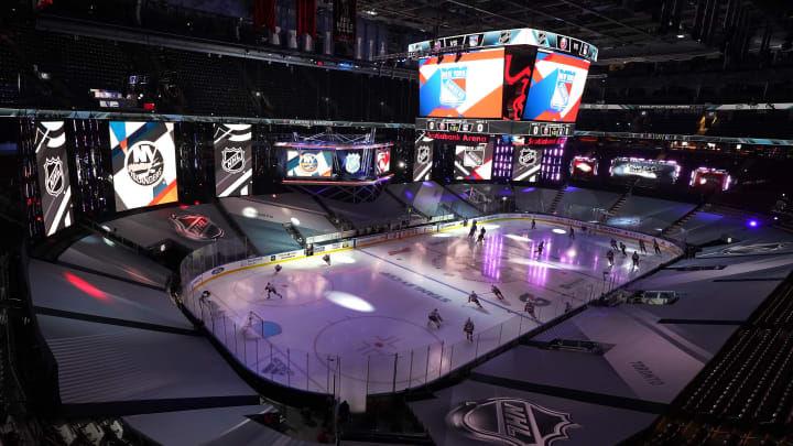 The New York Rangers take the ice to start an exhibition game prior to the 2020 NHL Stanley Cup Playoffs (Photo by Andre Ringuette/Freestyle Photo/Getty Images)