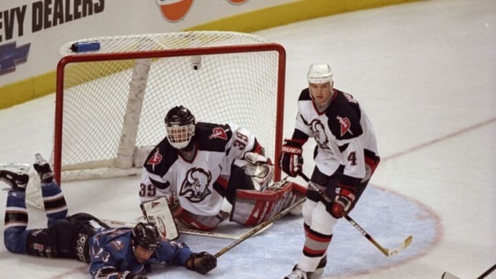 28 May 1998: Dominik Hasek #39 of the Washington Capitals in action during an Eastern Conference Finals Game 3 against the Buffalo Sabres at the Marine Midland Arena in Buffalo, New York. The Capitals defeated the Sabres 4-3 in overtime. Mandatory Credit