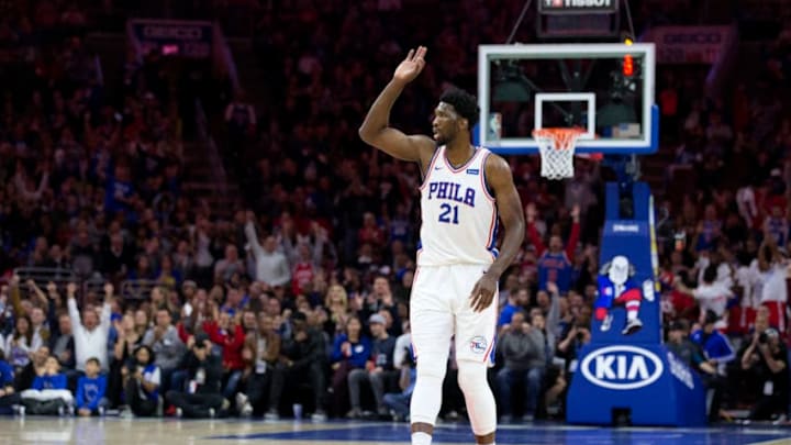 PHILADELPHIA, PA - NOVEMBER 18: Joel Embiid #21 of the Philadelphia 76ers celebrates after hitting a three pointer against the Golden State Warriors in the first half at Wells Fargo Center on November 18, 2017 in Philadelphia,Pennsylvania. NOTE TO USER: User expressly acknowledges and agrees that, by downloading and or using this photograph, User is consenting to the terms and conditions of the Getty Images License Agreement. (Photo by Rob Carr/Getty Images)