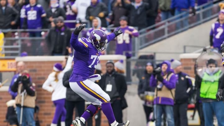 Dec 20, 2015; Minneapolis, MN, USA; Minnesota Vikings defensiive lineman Sharrif Floyd (73) celebrates a sack in the third quarter against the Chicago Bears at TCF Bank Stadium. The Minnesota Vikings beat the Chicago Bears 38-17. Mandatory Credit: Brad Rempel-USA TODAY Sports