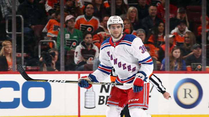 PHILADELPHIA, PA – APRIL 07: Steven Fogarty #38 of the New York Rangers skates in his first NHL game against the Philadelphia Flyers at the Wells Fargo Center on April 7, 2018 in Philadelphia, Pennsylvania. (Photo by Bruce Bennett/Getty Images)