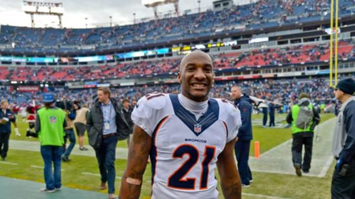 Dec 11, 2016; Nashville, TN, USA; Denver Broncos cornerback Aqib Talib (21) leaves the field after loosing to the Tennessee Titans at Nissan Stadium. Tennessee won 13-10. Mandatory Credit: Jim Brown-USA TODAY Sports