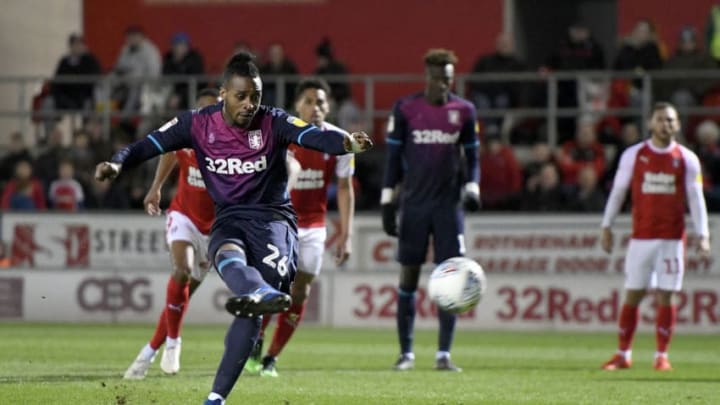 ROTHERHAM, ENGLAND - APRIL 10: Jonathan Kodjia of Aston Villa scores a goal from a penalty to make score 1-1 during the Sky Bet Championship match between Rotherham United and Aston Villa at The New York Stadium on April 10, 2019 in Rotherham, England. (Photo by George Wood/Getty Images)