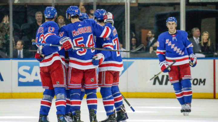 NEW YORK, NY - FEBRUARY 04: Rangers celebrate goal during the Los Angeles Kings and New York Rangers NHL game on February 4, 2019, at Madison Square Garden in New York, NY. (Photo by John Crouch/Icon Sportswire via Getty Images)