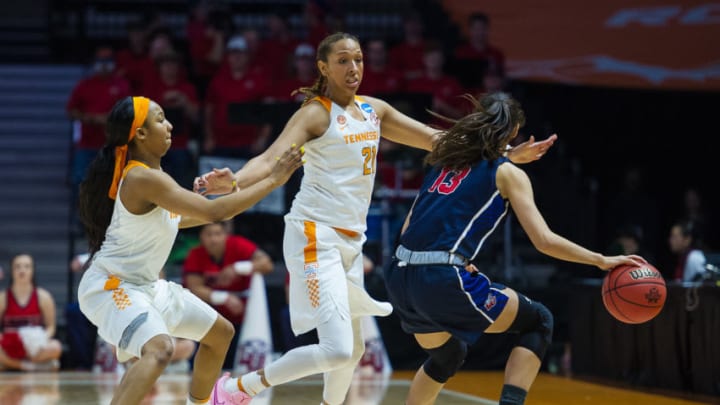KNOXVILLE, TN - MARCH 16: Tennessee Lady Volunteers center Mercedes Russell (21) and guard Anastasia Hayes (1) trap Liberty Lady Flames guard Melis Ucar (13) at mid court during a game between the Tennessee Lady Volunteers and Liberty Lady Flames on March 16, 2018, at Thompson-Boling Arena in Knoxville, TN. Tennessee defeated Liberty 100-60. (Photo by Bryan Lynn/Icon Sportswire via Getty Images)