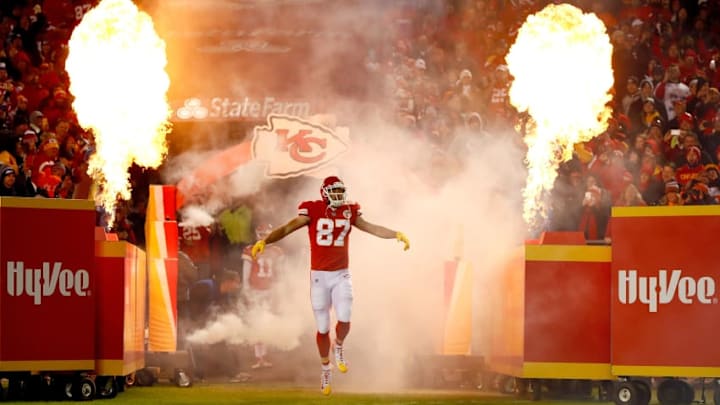 KANSAS CITY, MO - OCTOBER 30: Tight end Travis Kelce #87 of the Kansas City Chiefs is introduced ahead of the game against the Denver Broncos at Arrowhead Stadium on October 30, 2017 in Kansas City, Missouri. (Photo by Jamie Squire/Getty Images)