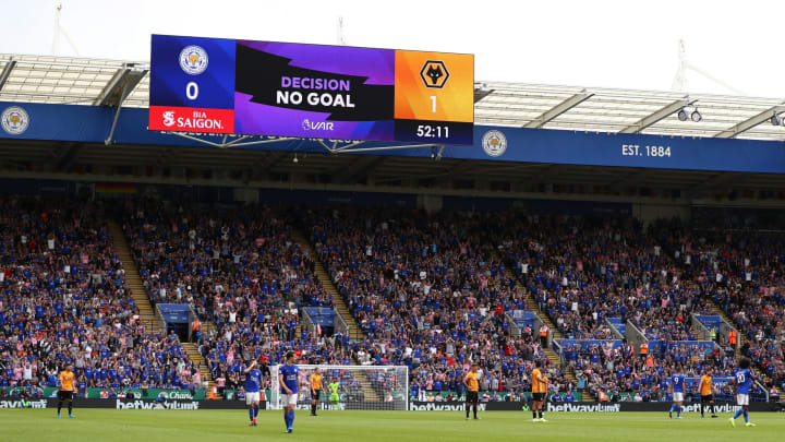 LEICESTER, ENGLAND – AUGUST 11: The LED screen displays a no goal decision after a VAR goal check during the Premier League match between Leicester City and Wolverhampton Wanderers at The King Power Stadium on August 11, 2019 in Leicester, United Kingdom. (Photo by Matthew Lewis/Getty Images)