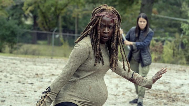 Danai Gurira as MichonneJessi Goei as Gina - The Walking Dead _ Season 9, Episode 14 - Photo Credit: Jace Downs/AMC