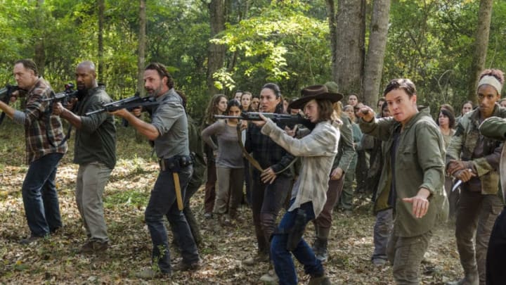 Andrew Lincoln as Rick Grimes, Chandler Riggs as Carl Grimes, Kenric Green as Scott, Jason Douglas as Tobin - The Walking Dead _ Season 7, Episode 15 - Photo Credit: Gene Page/AMC