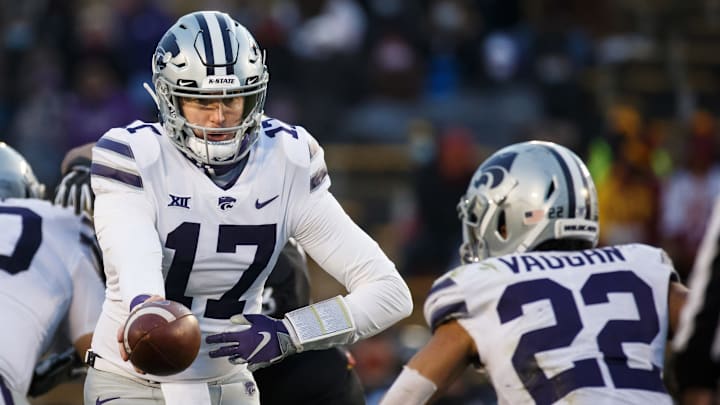 Nov 21, 2020; Ames, Iowa, USA; Kansas State Wildcats quarterback Nick Ast (17) hands off the ball to running back Deuce Vaughn (22) against the Iowa State Cyclones at Jack Trice Stadium. Mandatory Credit: Brian Powers-USA TODAY Sports