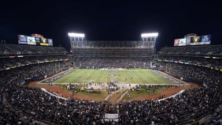 Dec 6, 2012; Oakland, CA, USA; General view of the O.co Coliseum during the NFL game between the Denver Broncos and the Oakland Raiders. The Broncos defeated the Raiders 26-13. Mandatory Credit: Kirby Lee/USA TODAY Sports