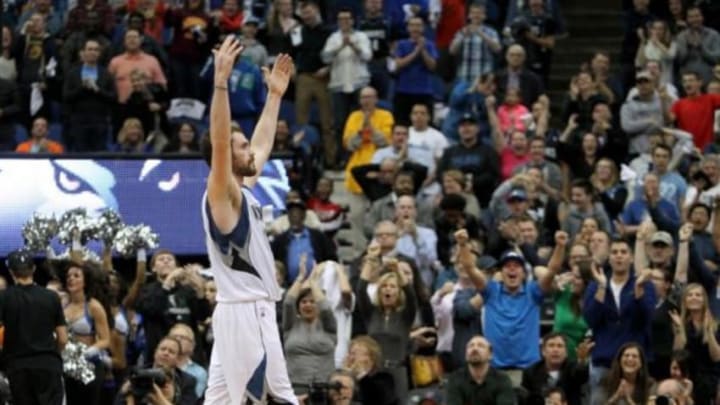 Oct 30, 2013; Minneapolis, MN, USA; Minnesota Timberwolves forward Kevin Love (42) celebrates after a game-tying basket during the fourth quarter against the Orlando Magic at Target Center. The Timberwolves defeated the Magic 120-115 in overtime. Mandatory Credit: Brace Hemmelgarn-USA TODAY Sports